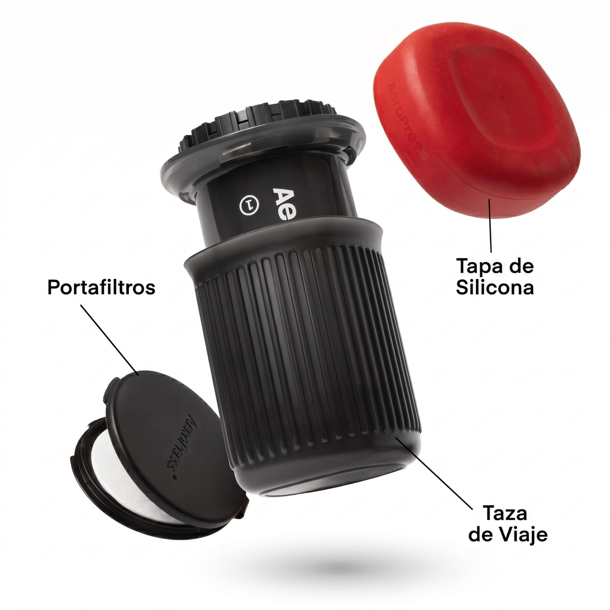 AeroPress Go — Portafiltros, Tapa de Silicona y Taza de Viaje